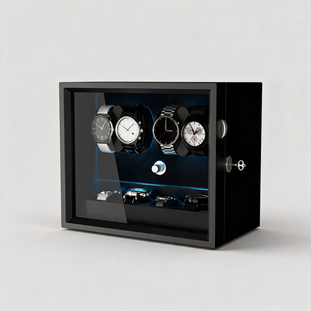 Vaelor 4+4 watch winder cabinet with aurora blue LED, three-quarter view