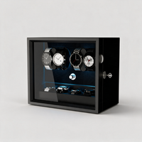 Vaelor 4+4 watch winder cabinet with aurora blue LED, three-quarter view