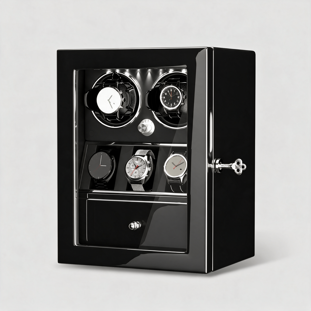 Castellan handmade wood watch winder cabinet, three-quarter view