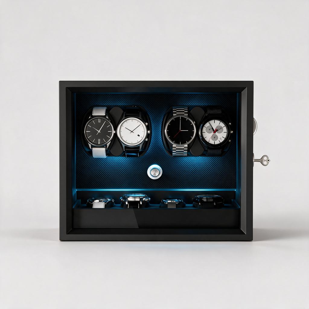 Vaelor watch winder, front view showing glass panel and LED light bar
