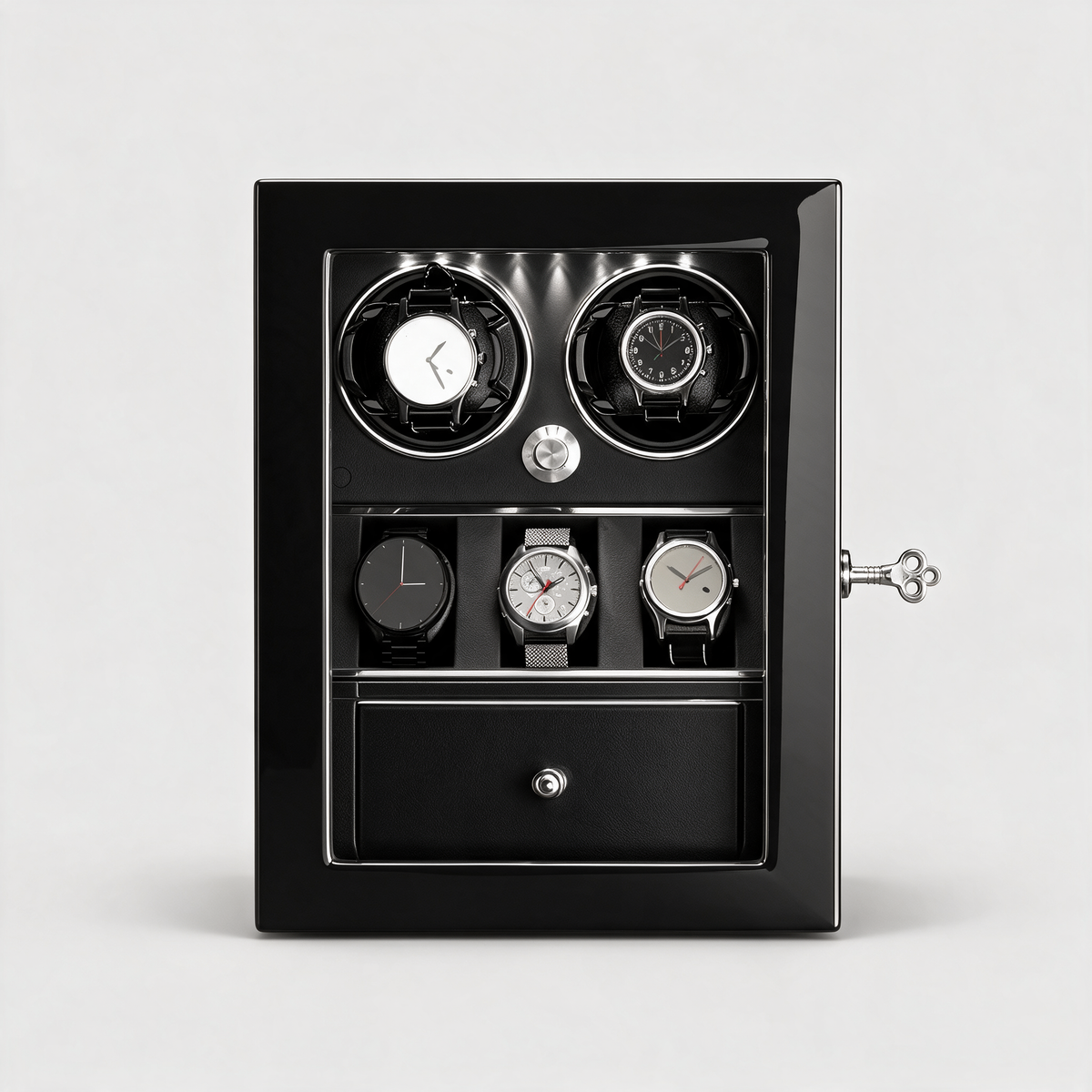 Castellan handmade wood watch winder cabinet, front view