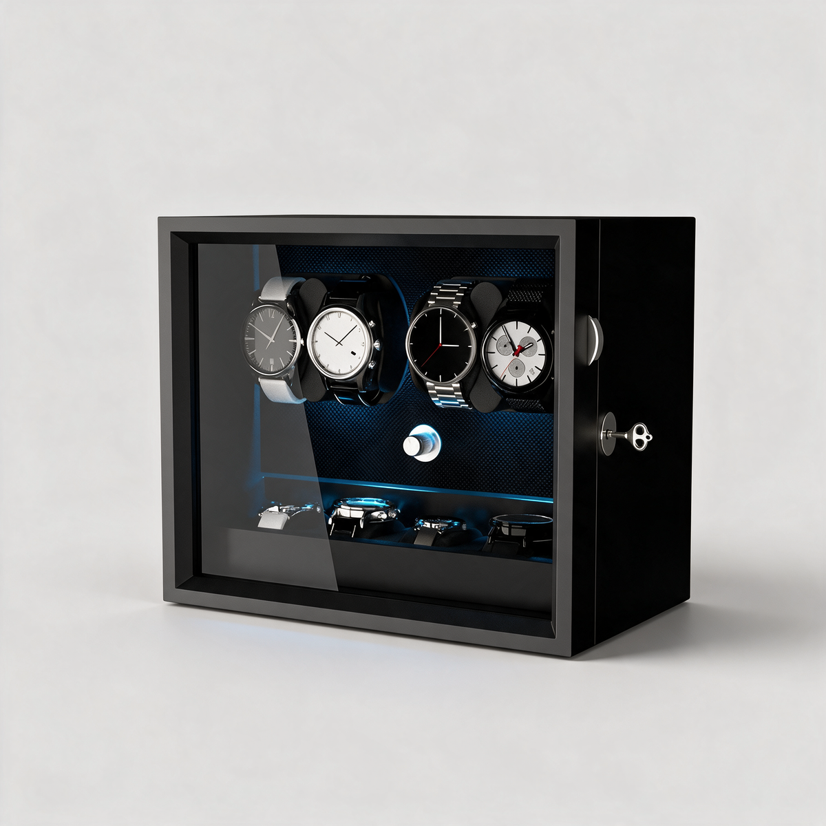 Wyndemere 6+6 automatic watch winder, three-quarter view, aurora blue LED light bar
