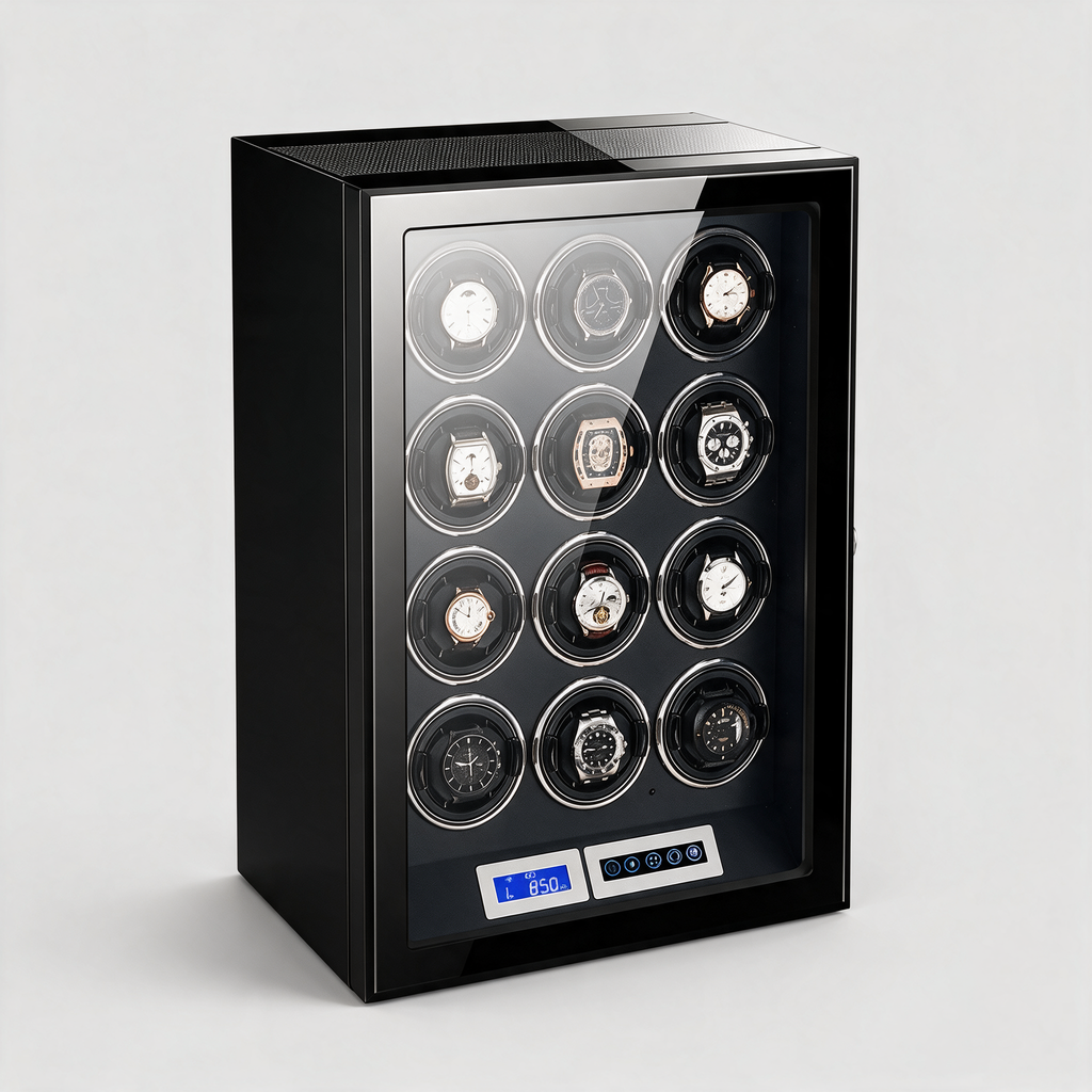 Ombric 12-slot carbon-fibre watch winder cabinet, three-quarter angle view