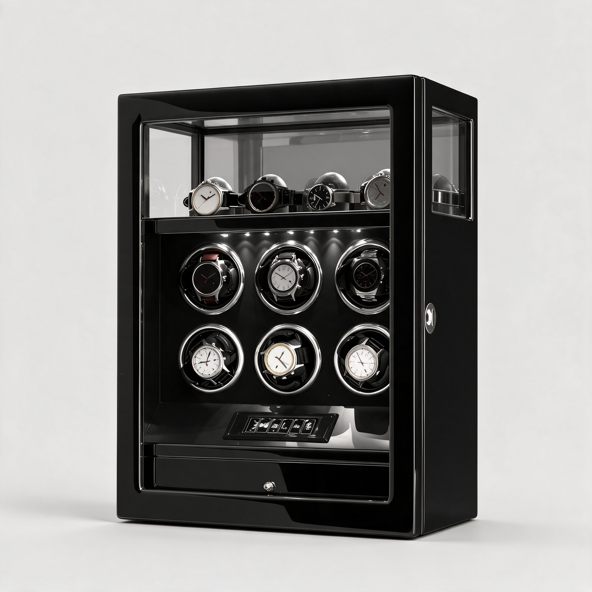 Thalorn fingerprint-lock watch winder for 6 watches, three-quarter view