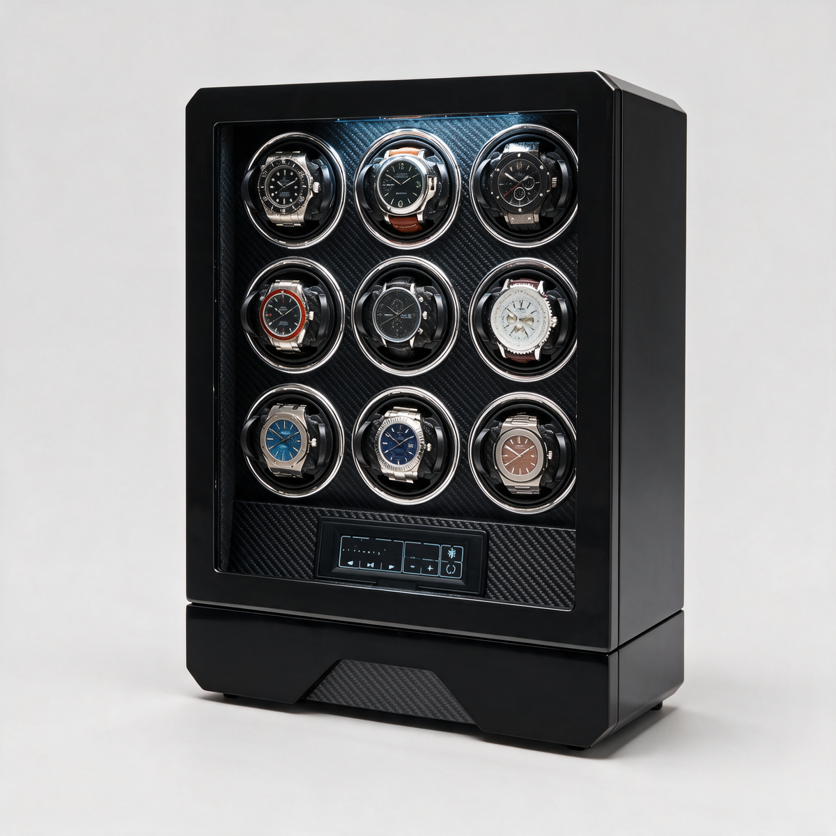 Ombrance 9-slot automatic watch winder display cabinet, three-quarter view, carbon-fibre-styled interior